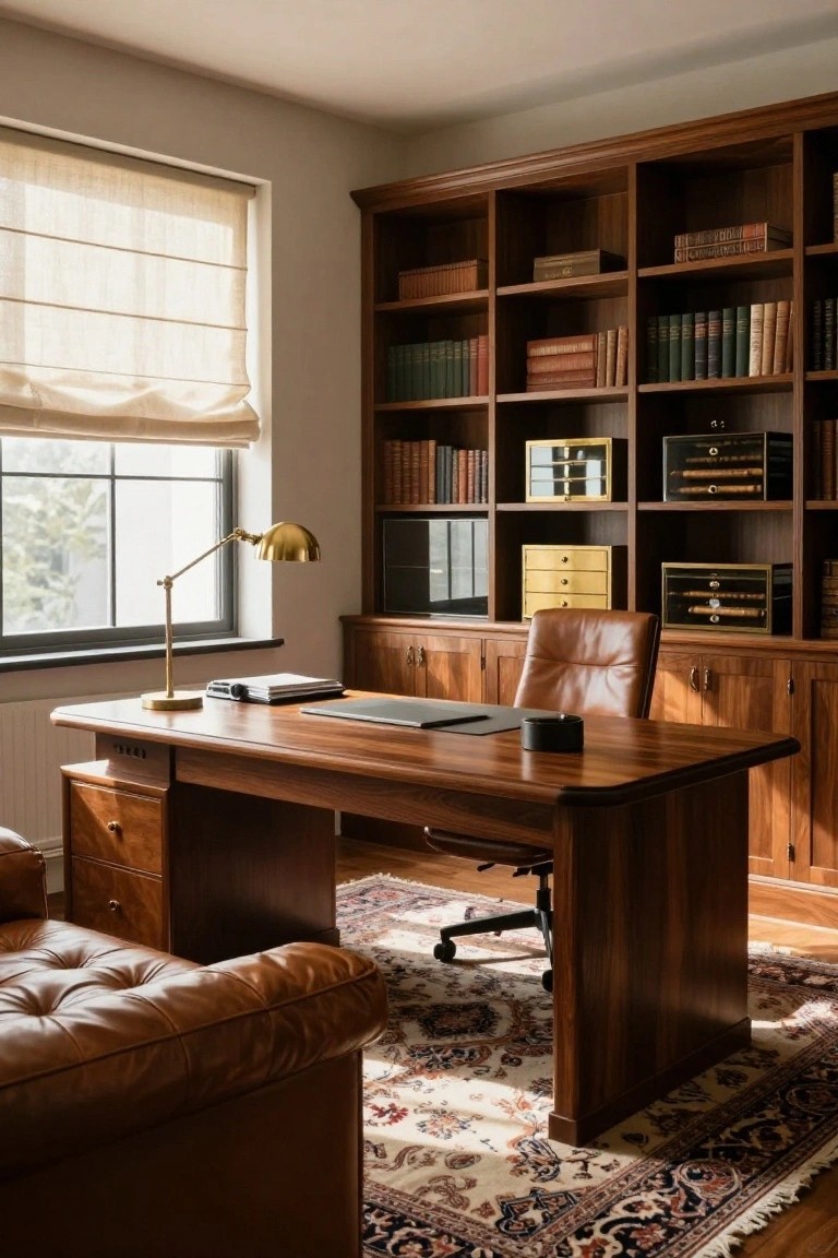 A home office featuring a large wooden desk, brown leather chair, and floor-to-ceiling dark wood built-in bookshelves filled with books.