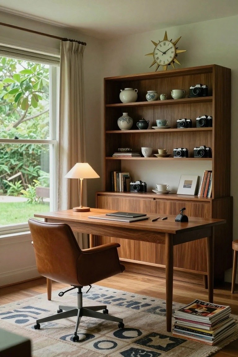 Mid-century wooden desk and leather chair beside shelves of cameras and pottery.