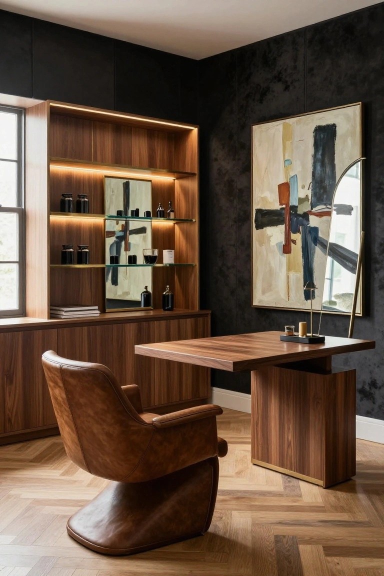 A home office with a large wooden built-in shelving unit lit from within, a brown leather swivel chair, a floating wooden desk, and a large abstract painting on a dark textured wall.