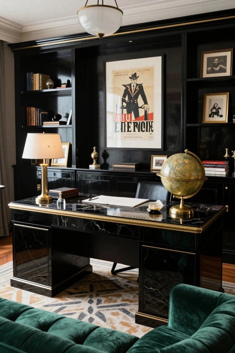 A home office with black built-in shelving, a black marble desk with gold trim, a large vintage poster, and a globe on a patterned rug.
