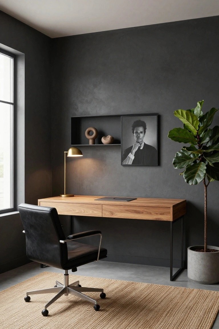 A home office featuring a light wood desk against a dark gray wall, with a black leather office chair, brass desk lamp, floating shelf, and framed black and white portrait.