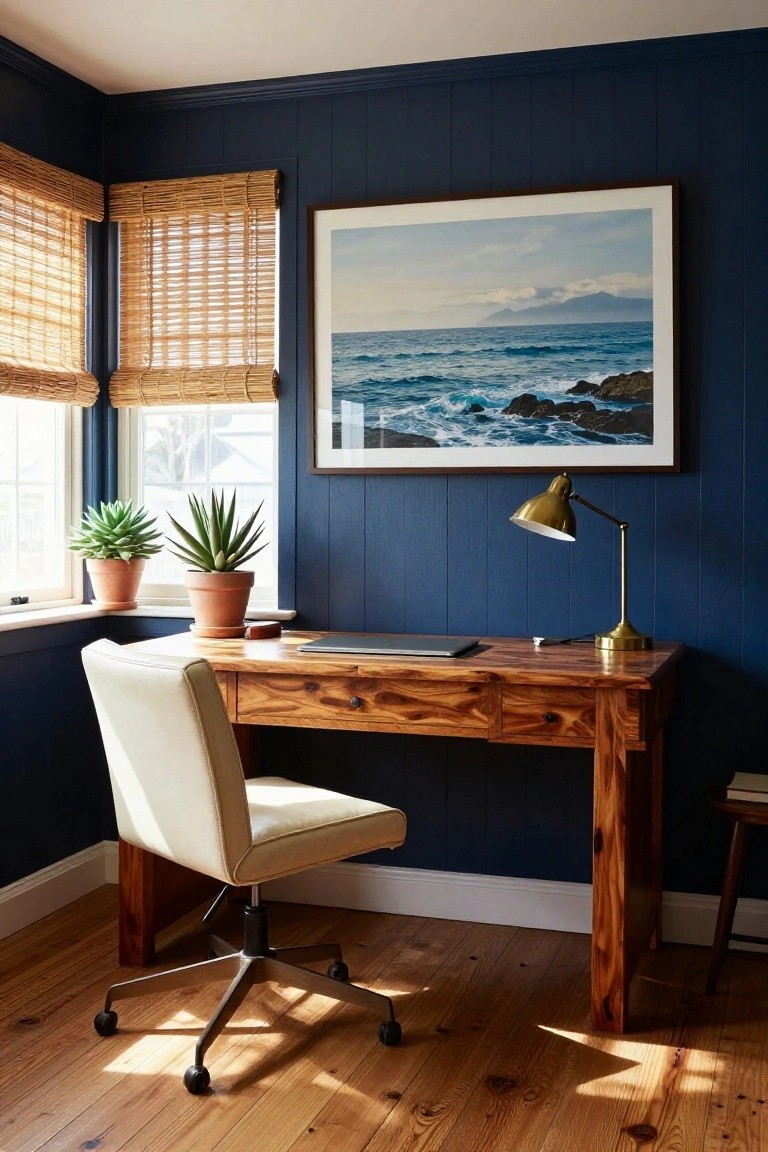 A wooden desk with a white office chair sits against deep blue paneled walls, with a large framed seascape above it and a brass desk lamp on the right.
