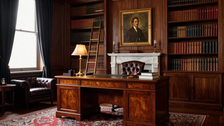 20 Dramatic Gentleman Office Ideas That Add Depth and Character A traditional home office featuring dark wood built-in bookshelves filled with books, a large wooden desk, and a brown leather armchair on a patterned rug.