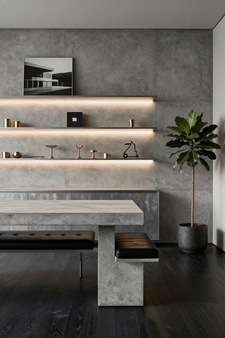 A minimalist office with a large concrete desk, two leather benches, and three floating shelves with underlighting mounted on a gray concrete wall.