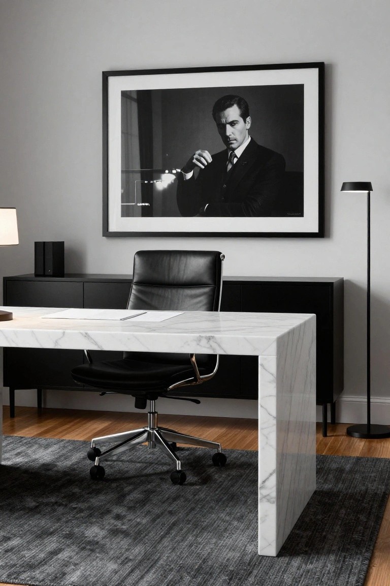 Minimalist office with marble desk, black leather chair, and large suited-man portrait