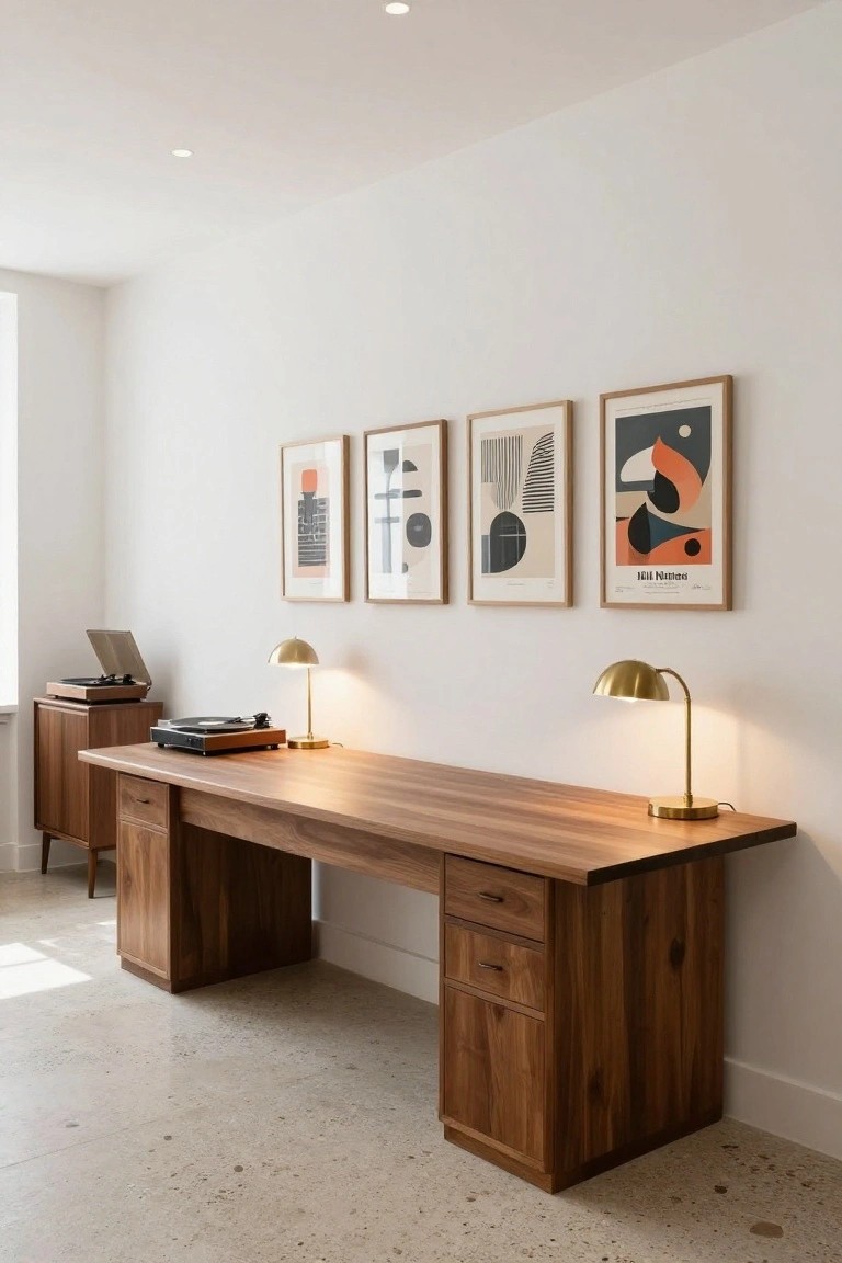Long wooden desk with brass lamps, record player, and abstract wall art prints