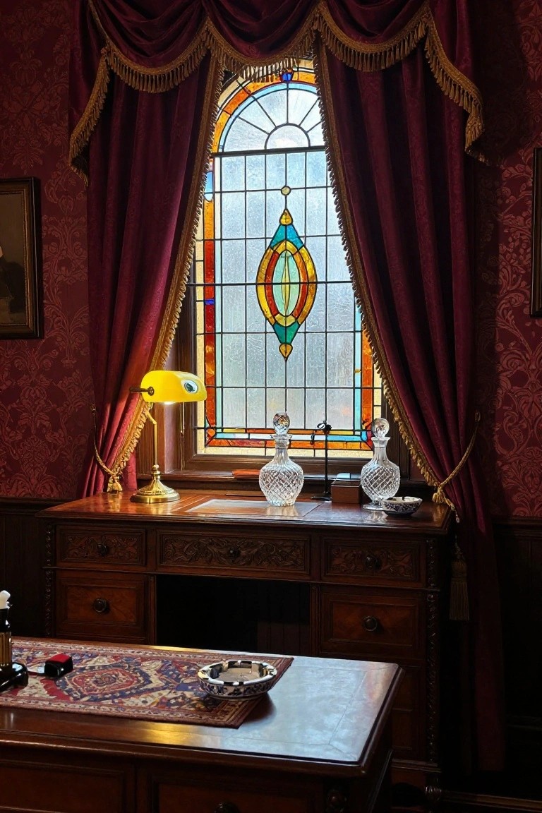A wooden desk with a yellow lamp and crystal decanters sits in front of a large stained glass window framed by heavy maroon velvet curtains with gold tassels.