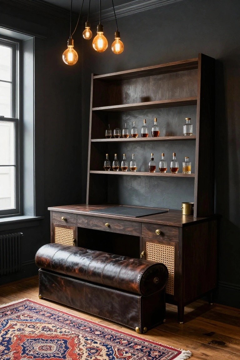 Dark wooden bar cabinet with liquor bottles, leather bench, hanging lights, and rug