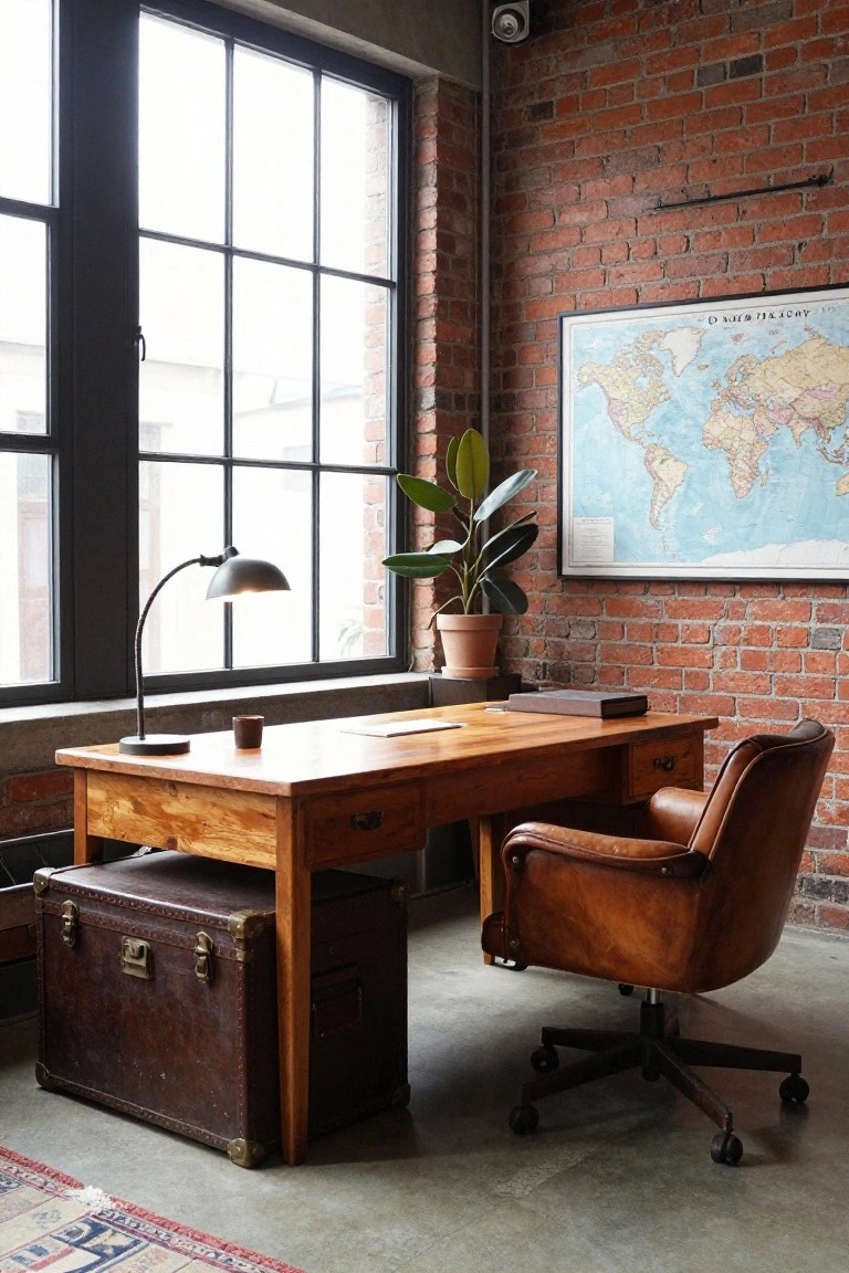 A wooden desk with a brown leather office chair sits in front of a large window against an exposed brick wall in an office setting.