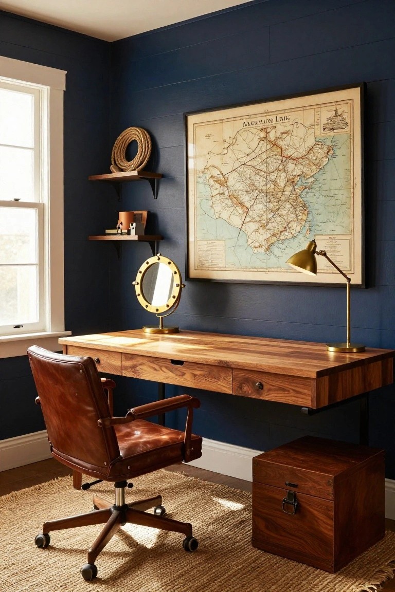 A wooden desk with a brown leather office chair sits against navy blue paneled walls, with a large framed map above the desk and a brass desk lamp on the right.