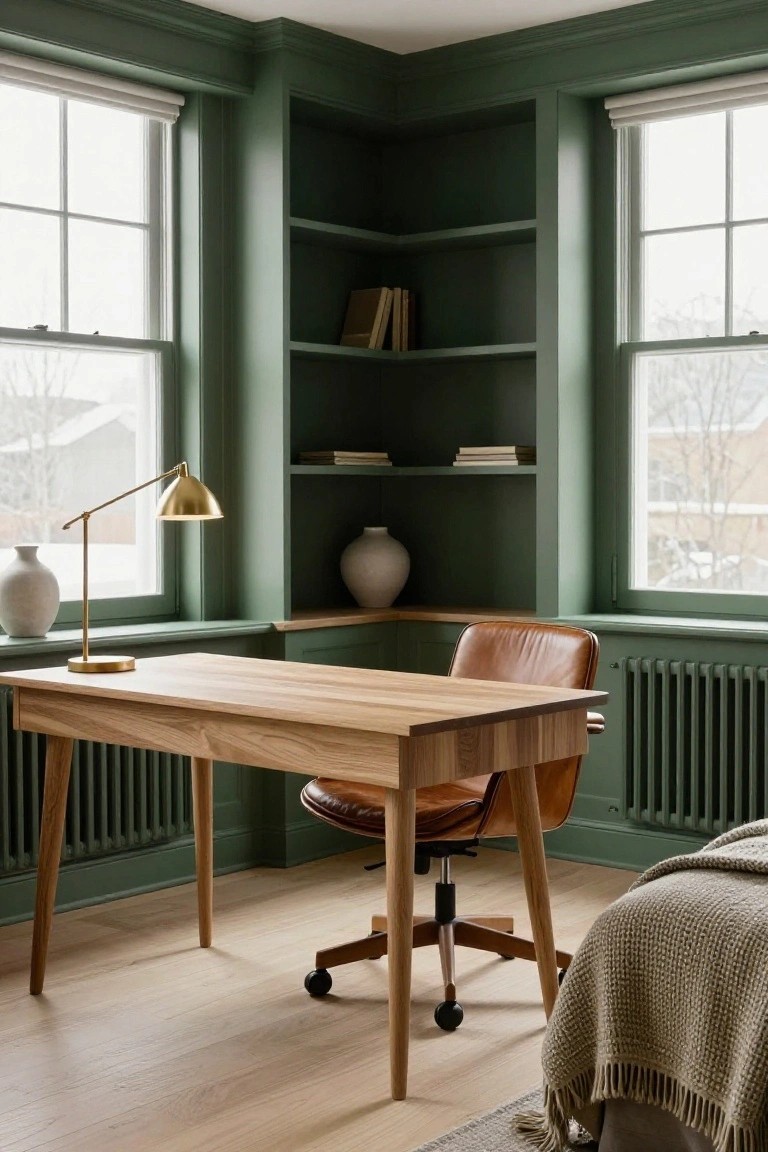 A home office featuring a wooden desk, brown leather swivel chair, and built-in corner shelves painted deep green between two windows.