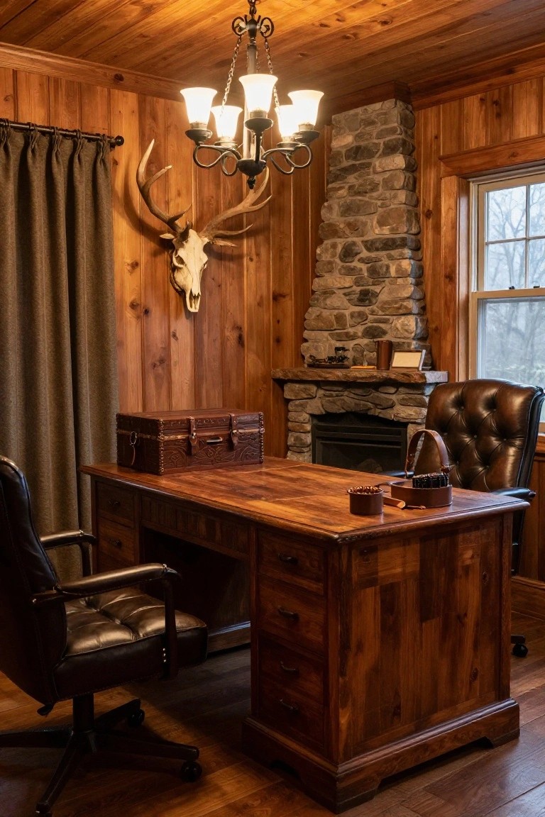 Rustic wooden study with large desk, leather chairs, stone fireplace, and deer mount.
