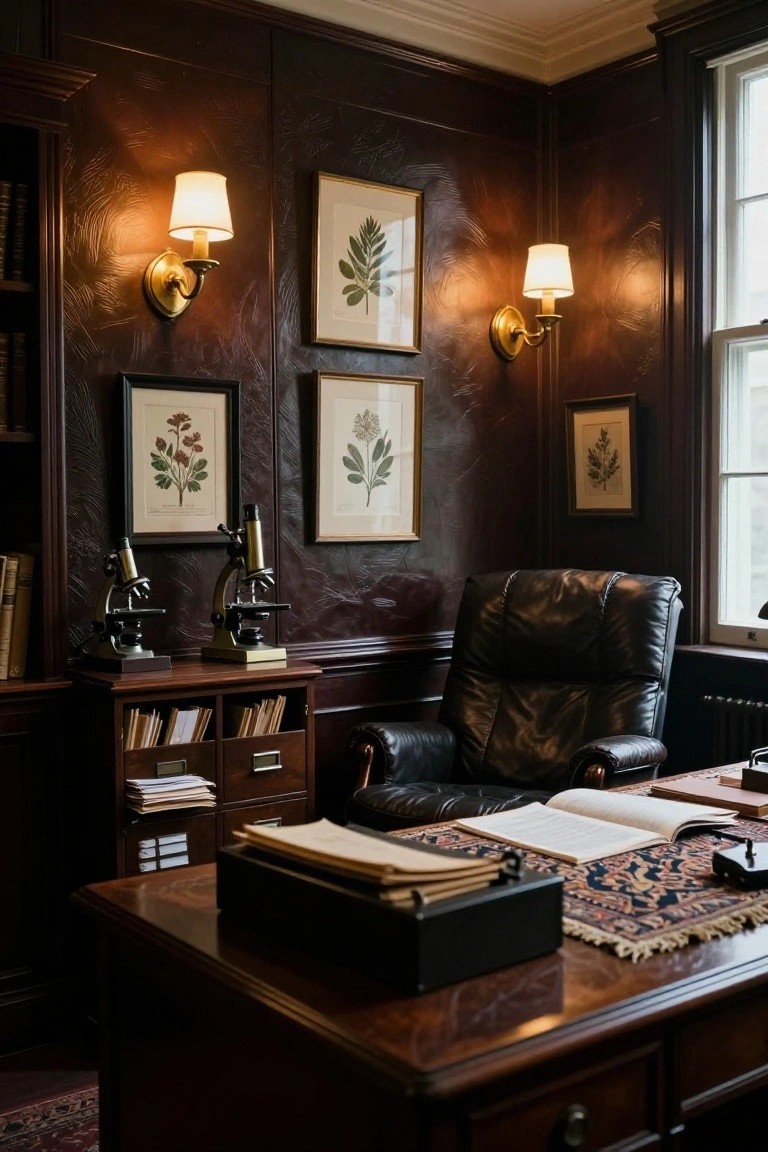 A home office featuring dark embossed wood paneling, a black leather armchair, a wooden desk with open books, and two microscopes on a cabinet below framed botanical prints.