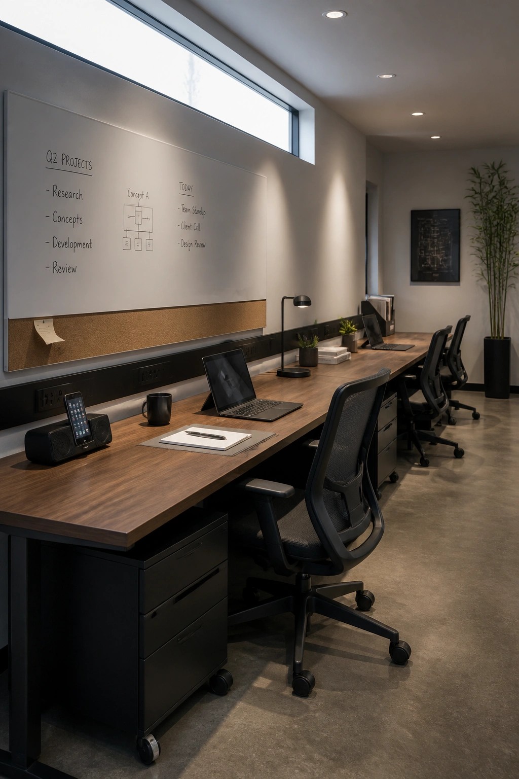 A modern office interior with a long wooden desk along a wall, black mesh chairs, a whiteboard with notes, and minimal desk accessories.