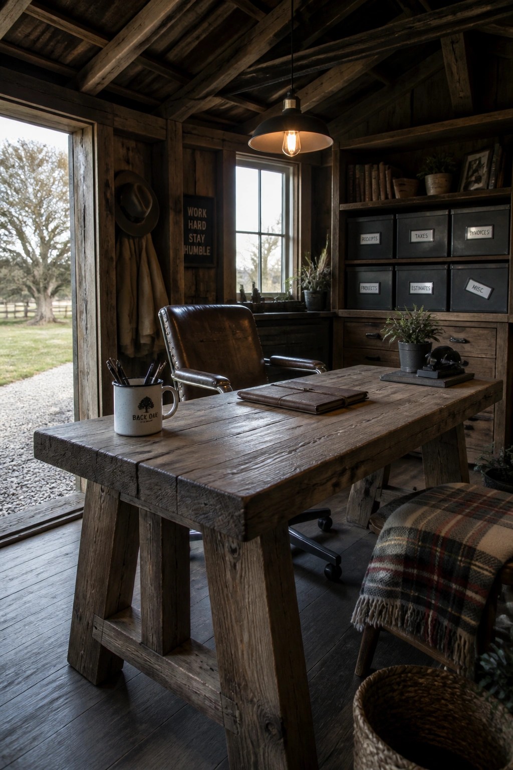 A rustic wooden home office with a large reclaimed wood desk, brown leather chair, and open shelves holding labeled storage boxes.