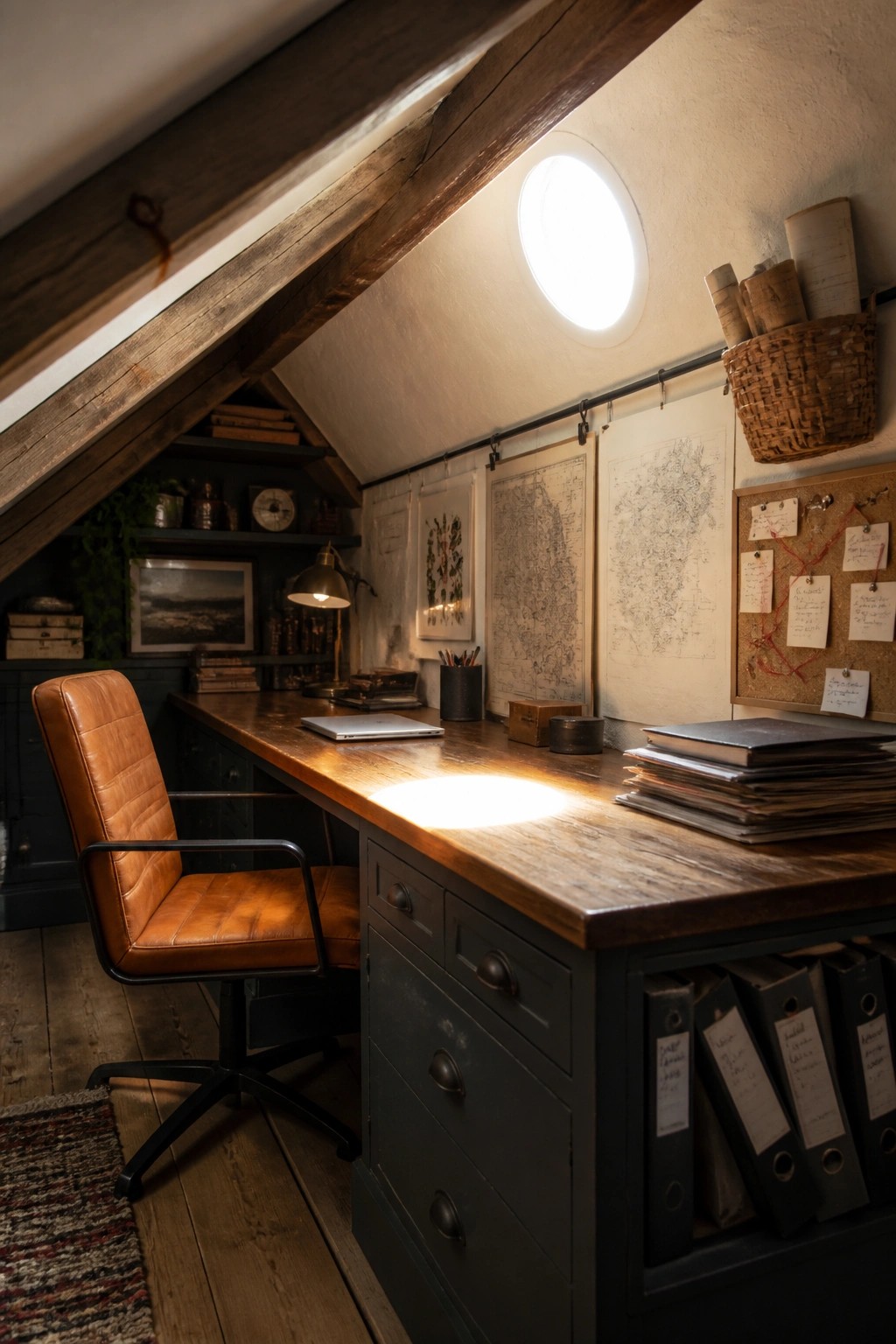 An attic home office with a large wooden desk, brown leather chair, wall maps, corkboard with notes, and binders stored in the desk.