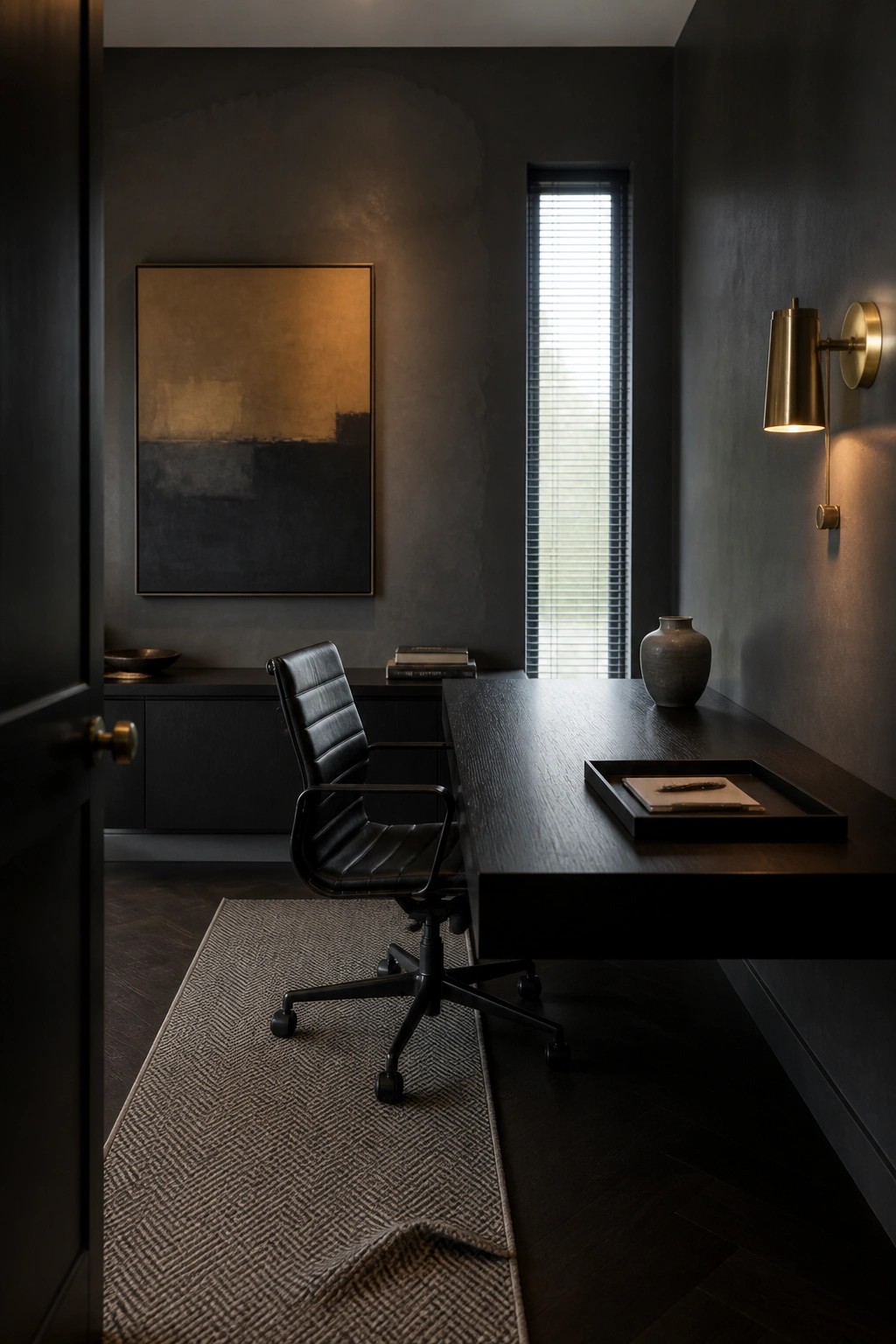 A dark masculine home office featuring a long wooden desk, black leather office chair positioned on a patterned rug, abstract wall art, and a tall window with blinds.