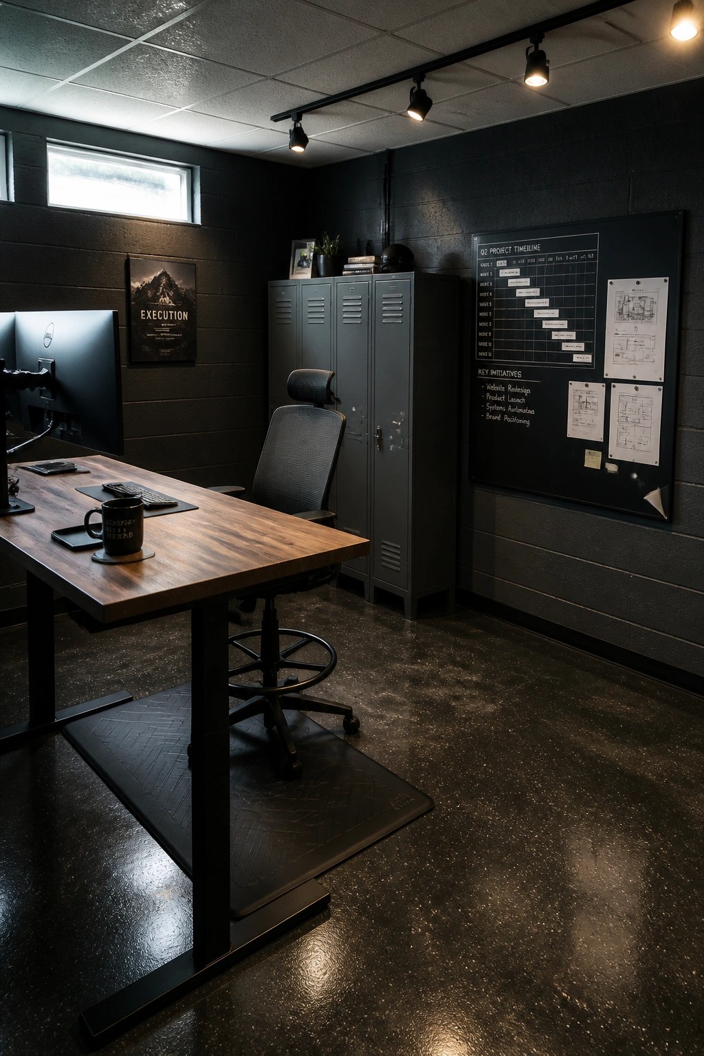 A home office with a wooden desk, black office chair, row of gray metal lockers, and a large project timeline board on a dark wall.