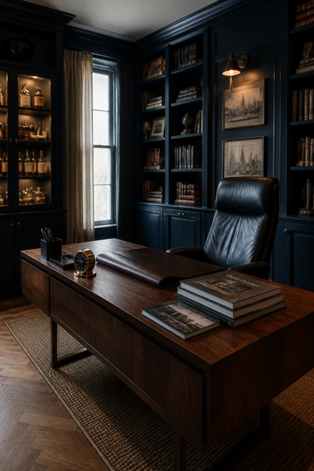 A masculine home office featuring a large wooden desk, black leather chair, and navy built-in bookshelves along the walls.