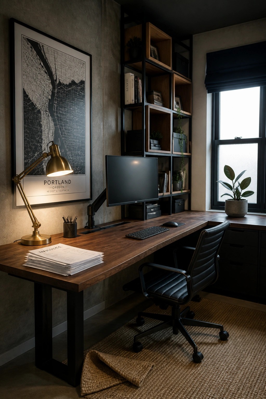 A home office features a long wooden desk with a black leather chair, computer monitor, and desk lamp, positioned next to a tall black shelving unit filled with books and boxes against a concrete wall.