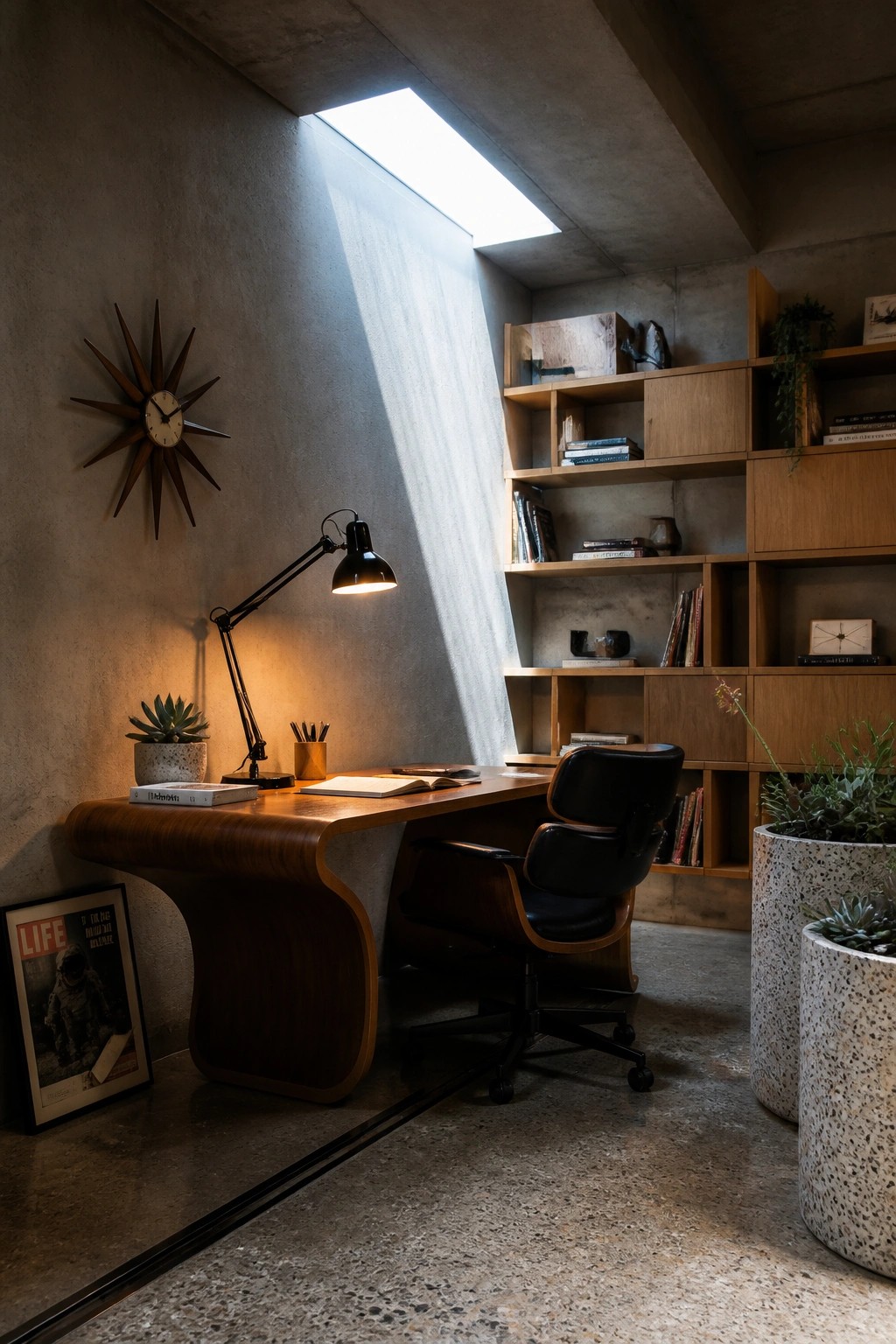 A home office featuring a curved wooden desk, black office chair, and extensive built-in wooden shelving along a concrete wall beneath a skylight.