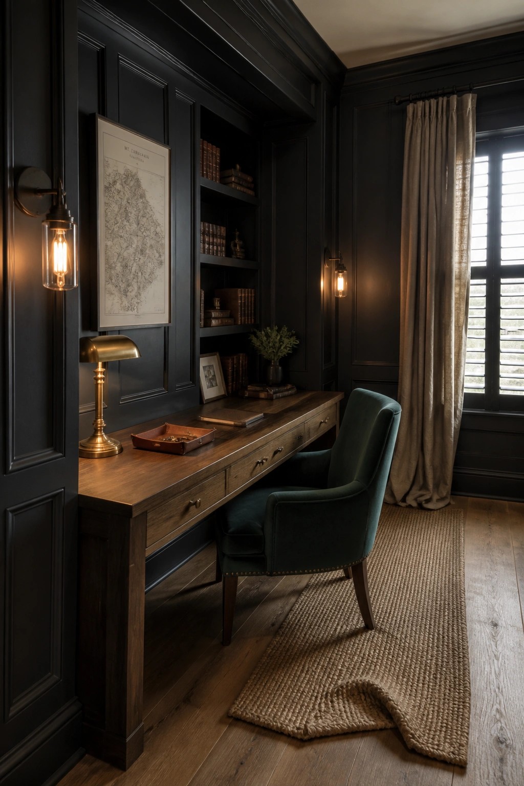 Dark wood home office with a long desk, built-in bookshelves filled with books, wall sconces, and a green upholstered chair on a woven rug.