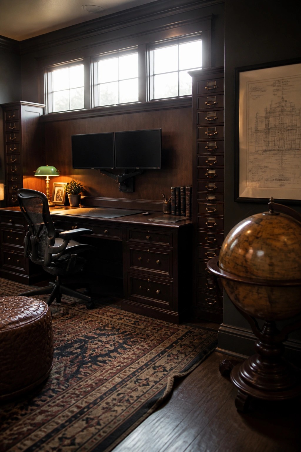 A dark wood home office with a built-in desk, wall-mounted dual monitors, a tall multi-drawer cabinet, an office chair, and a large globe in the foreground.