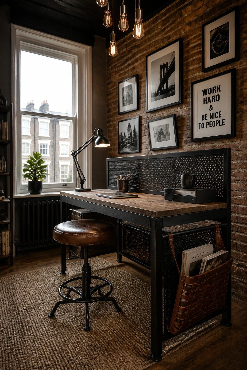 A home office featuring a wooden desk with black metal frame and perforated back panel, brown leather magazine holder on the side, round stool, brick wall with framed prints, and hanging light bulbs.