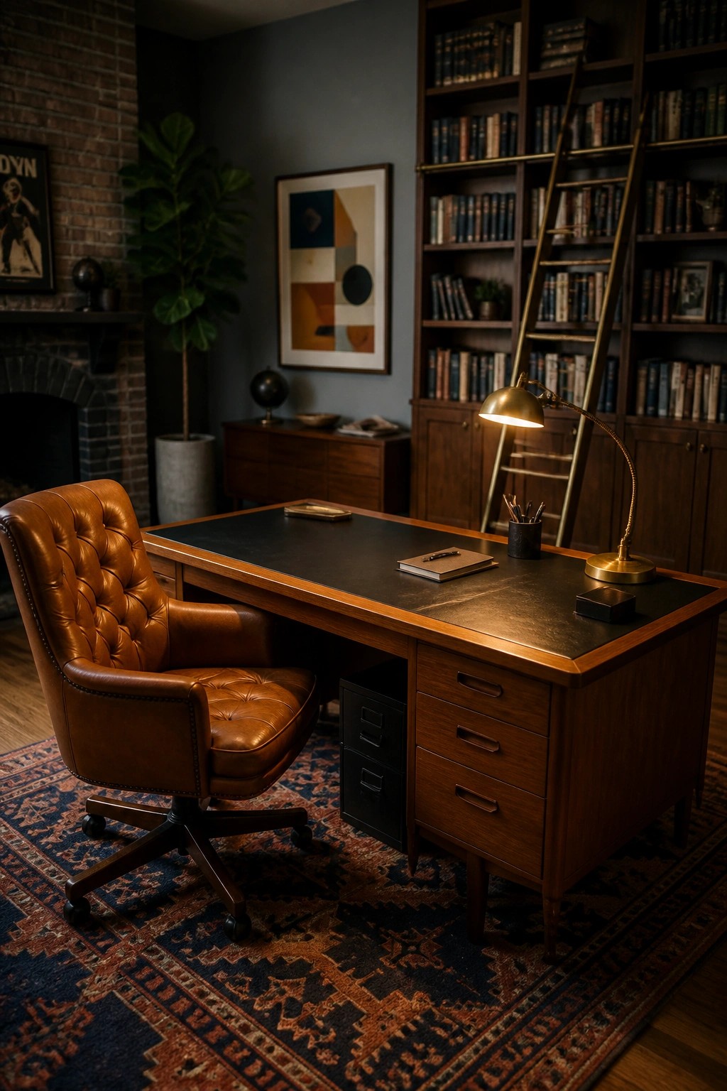 A masculine home office with a large wooden desk featuring a dark top and multiple drawers, a brown leather swivel chair, tall built-in bookshelves with a ladder, and a patterned rug on the floor.