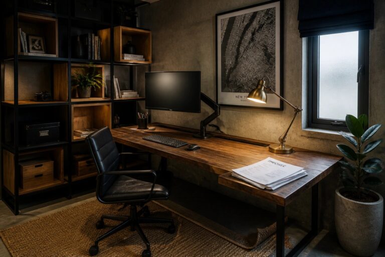 20 Efficient Masculine Home Office Setup Ideas for a Smooth Workflow A home office features a long wooden desk with a black leather chair, computer monitor, and desk lamp, positioned next to a tall black shelving unit filled with books and boxes against a concrete wall.