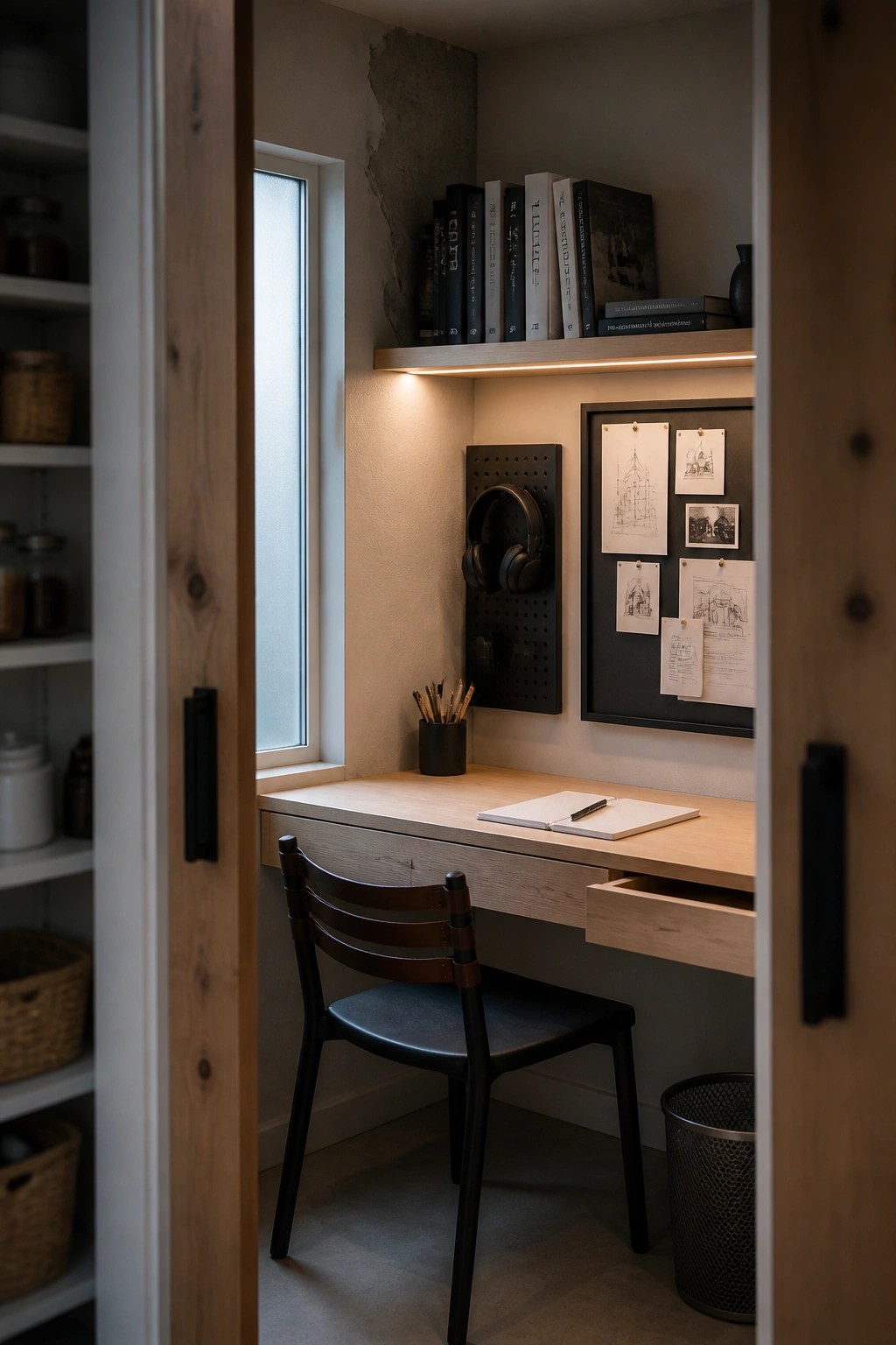 A light wood desk built into a small alcove with open wooden doors, a black chair, overhead books, a pegboard, and pinned drawings on the wall.