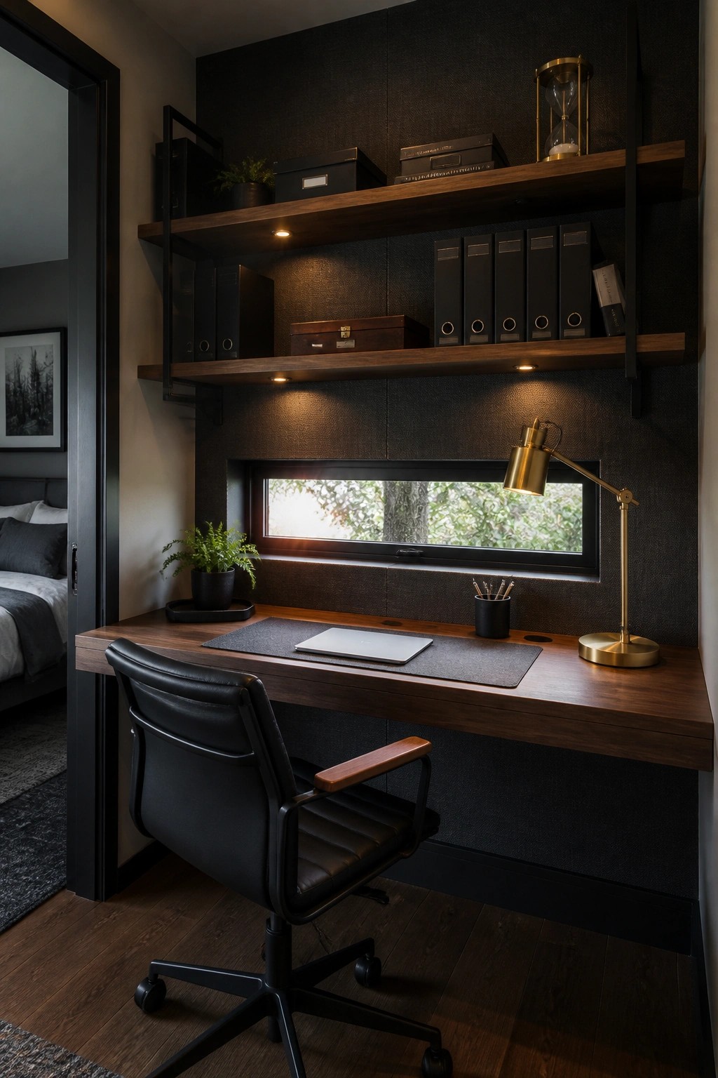 A masculine home office with a dark wood desk, black office chair, floating wooden shelves holding black storage boxes and binders, and a horizontal window behind the desk.