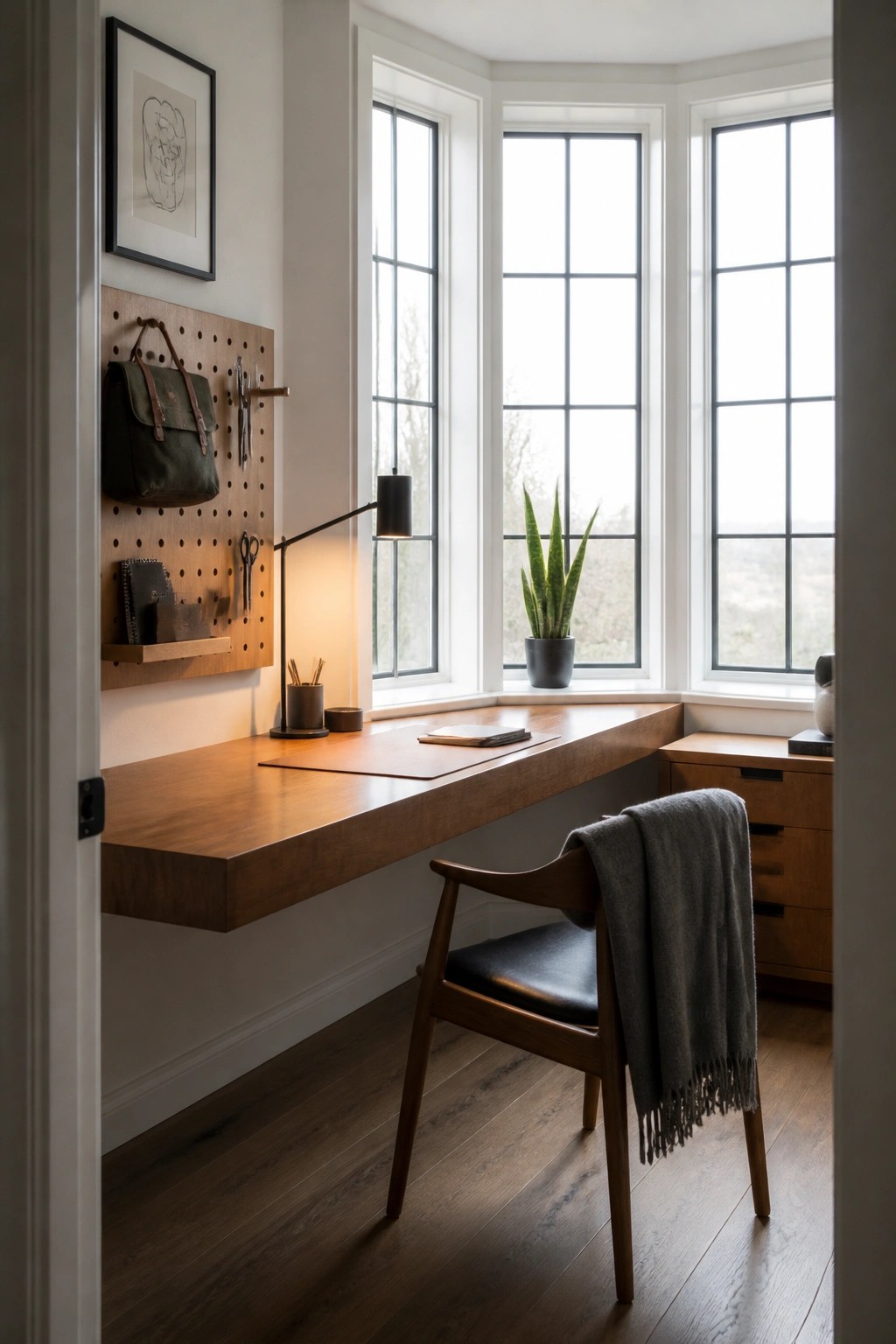 A wooden floating desk under large windows with a pegboard mounted on the wall holding a bag and tools.