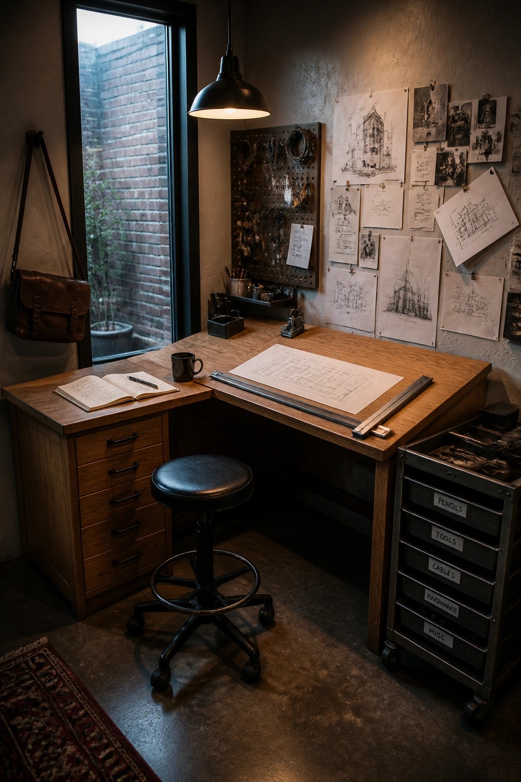 Dimly lit wooden desk with architectural sketches, black stool, pegboard, and tool cart.