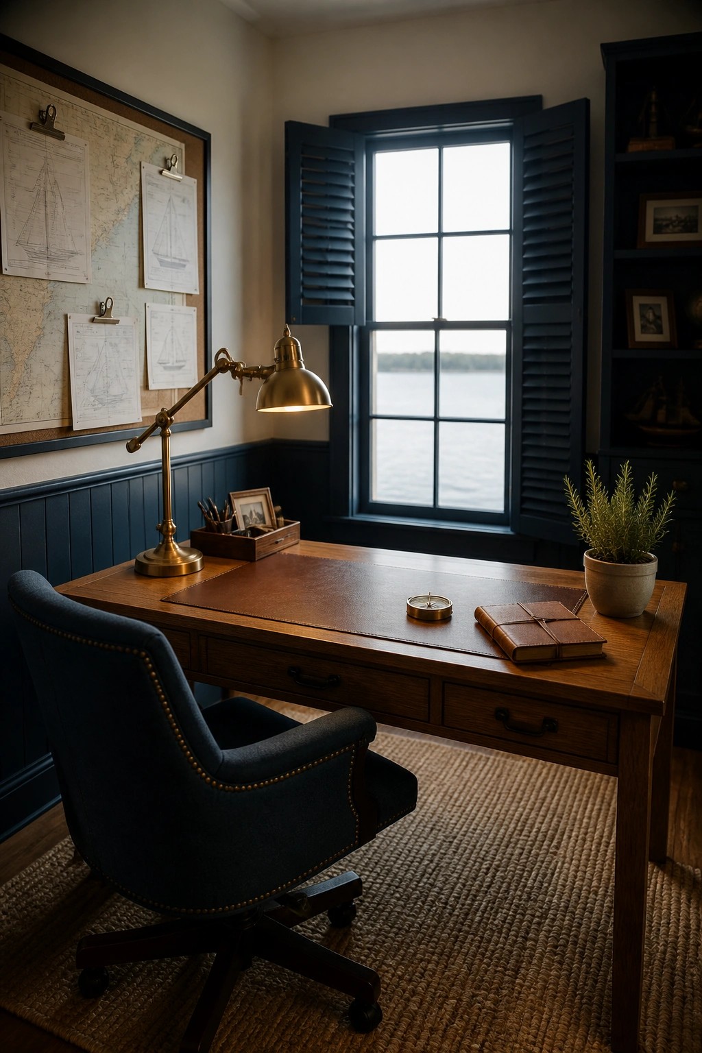A wooden desk with a leather blotter faces a window with open blue shutters, accompanied by a blue upholstered office chair and a brass desk lamp.