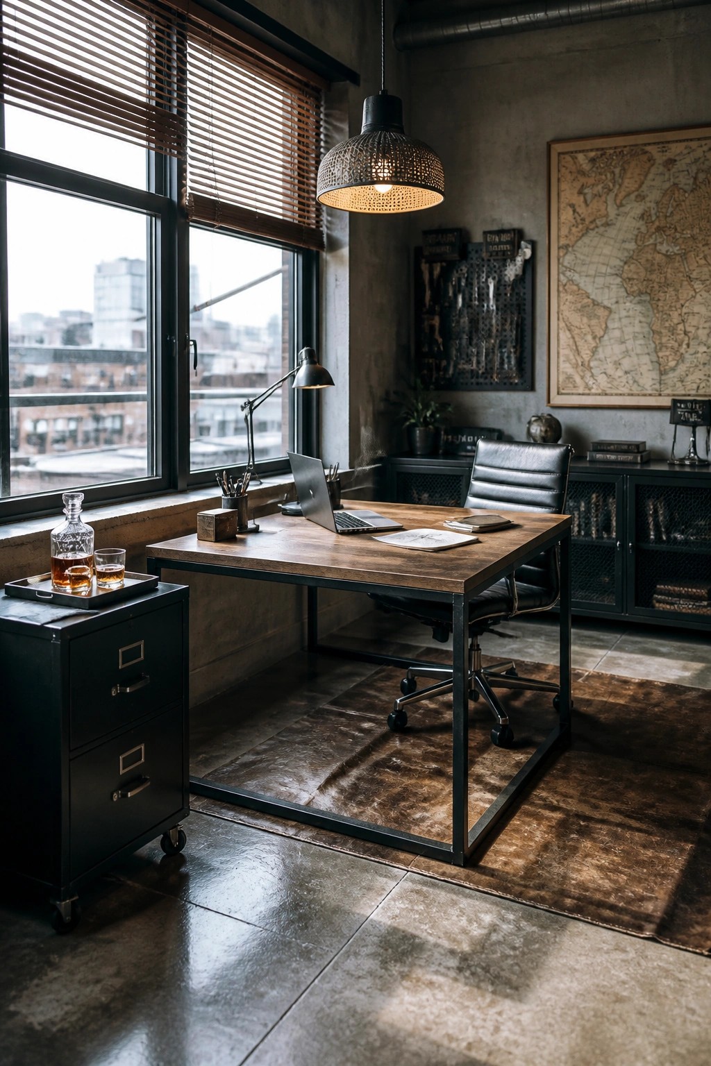 A masculine home office with a large wooden desk positioned beside tall windows fitted with wooden blinds, a black rolling filing cabinet to the left, and a black leather office chair on a brown rug.