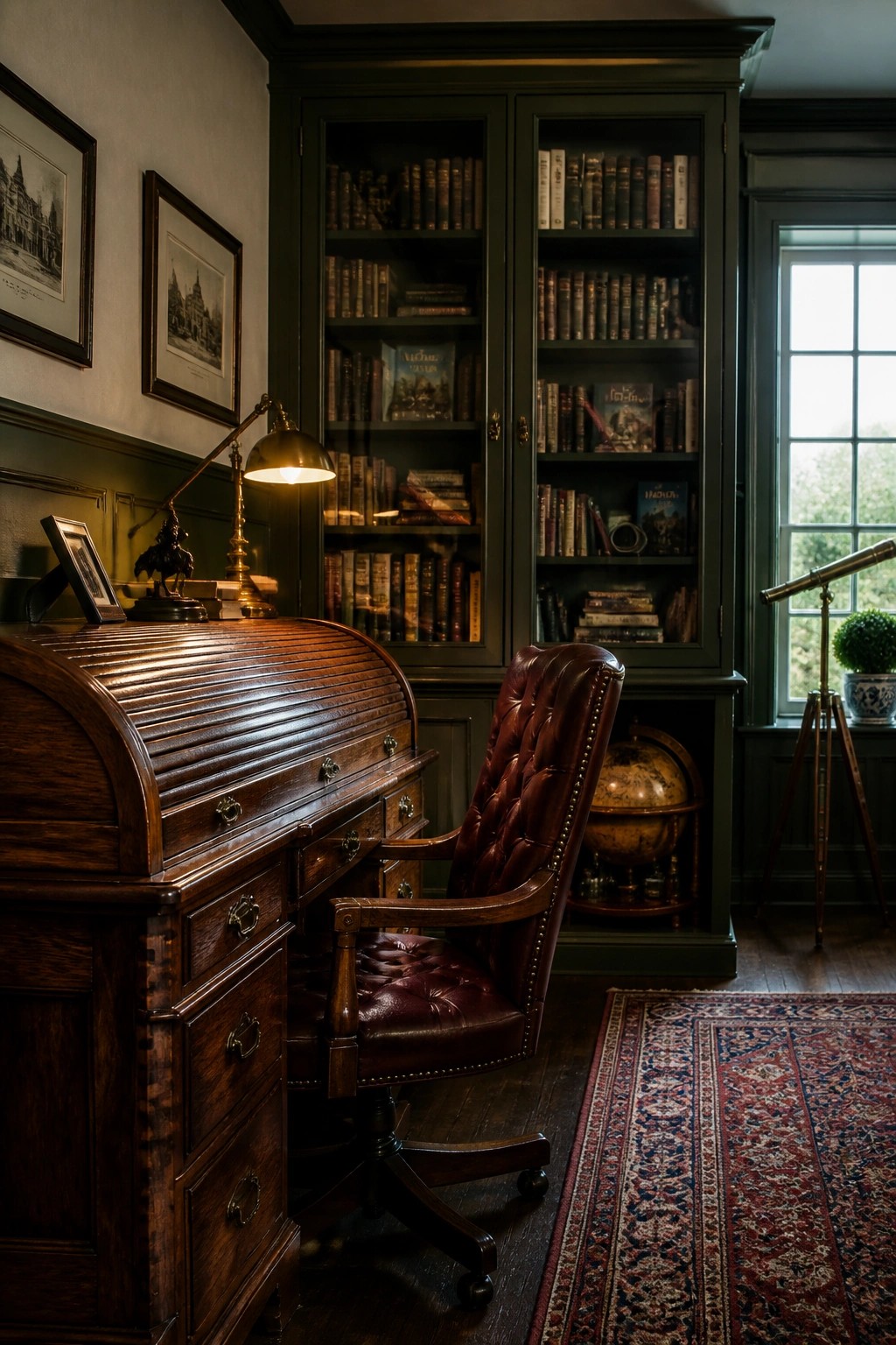 Antique wooden roll-top desk and leather chair in a green book-lined study.