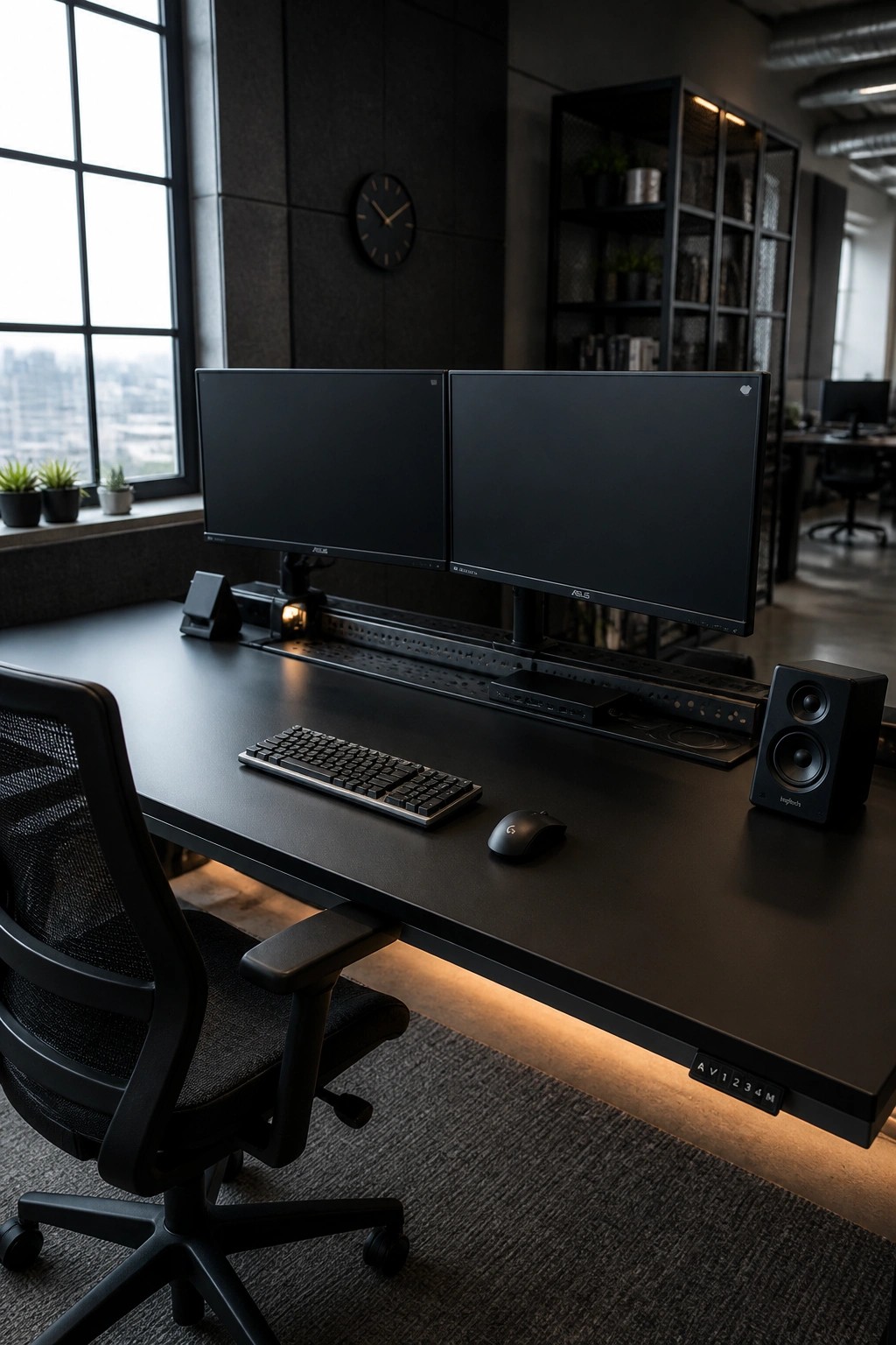 A dark modern home office featuring a large black desk with dual monitors, under-desk LED lighting, and a black mesh office chair.