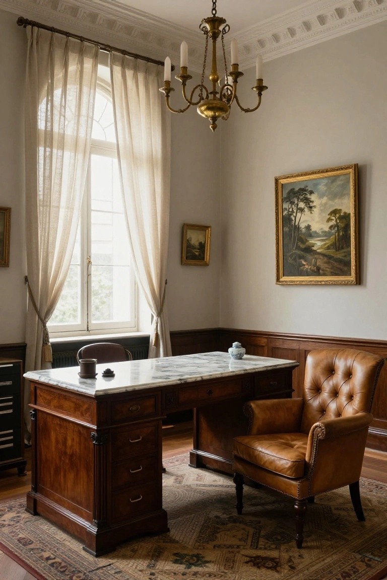 A home office with a large wooden desk topped with marble, a brown leather armchair beside it, a brass chandelier overhead, and a tall window with sheer curtains.