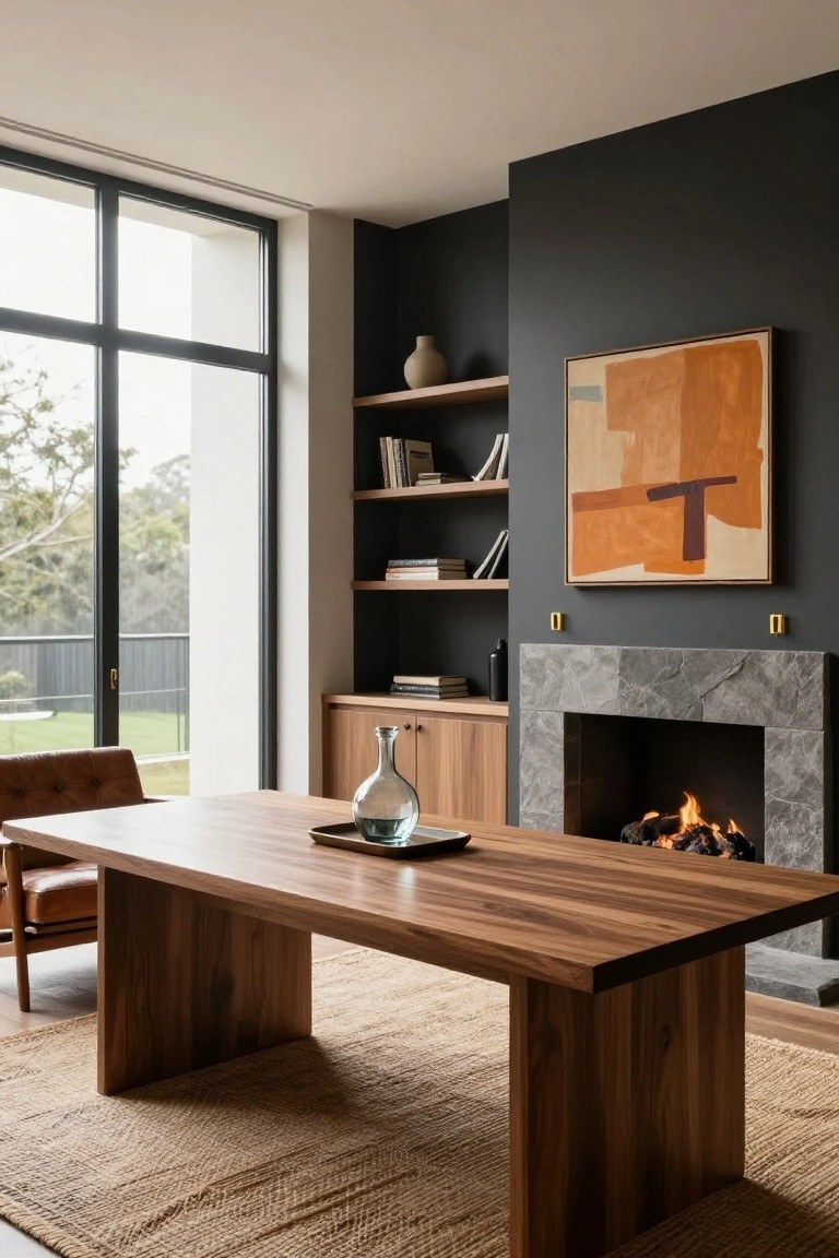 A home office with a large wooden desk on a woven rug in front of a dark wall featuring built-in shelves, a stone fireplace, and abstract art.