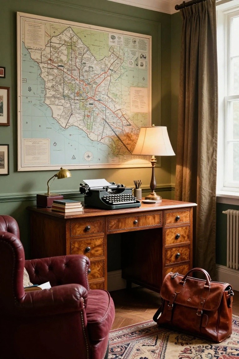 A wooden desk with a typewriter sits below a large framed map on a green wall in a home office with a red leather chair and brown leather bag on the floor.