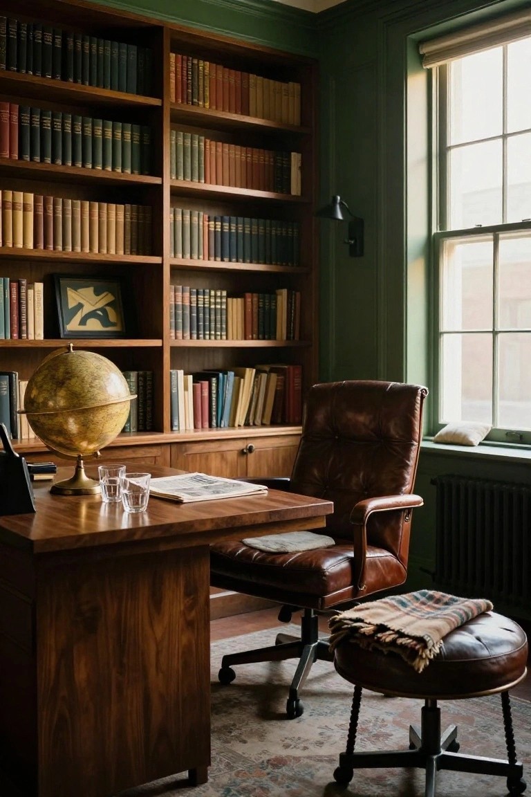 A traditional home office with floor-to-ceiling wooden built-in bookshelves, a large wooden desk, a brown leather office chair, and a globe on the desk.