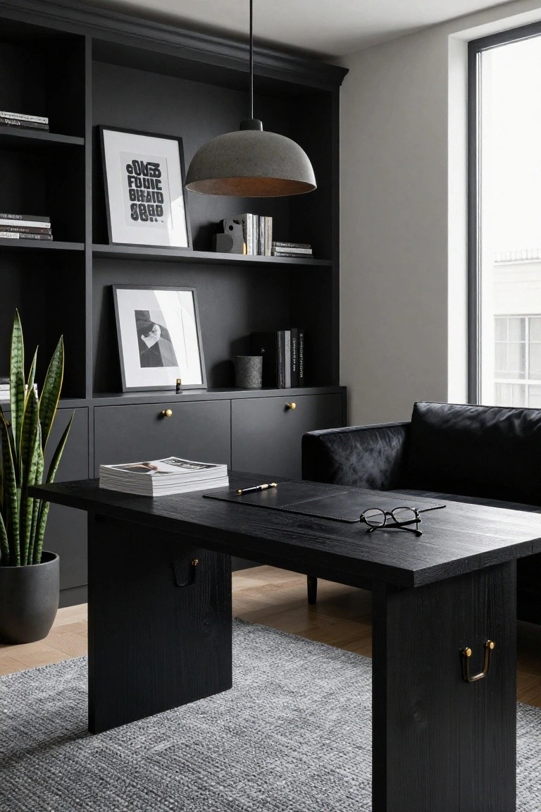 A dark home office featuring built-in shelving and cabinets, a black wooden desk with a sofa, and a large window on the right.