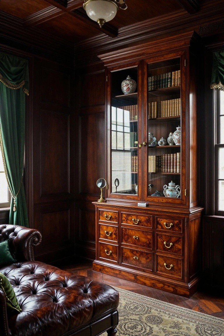 A dark wood built-in cabinet with glass upper doors and multiple lower drawers stands against paneled walls beside a brown leather chair.
