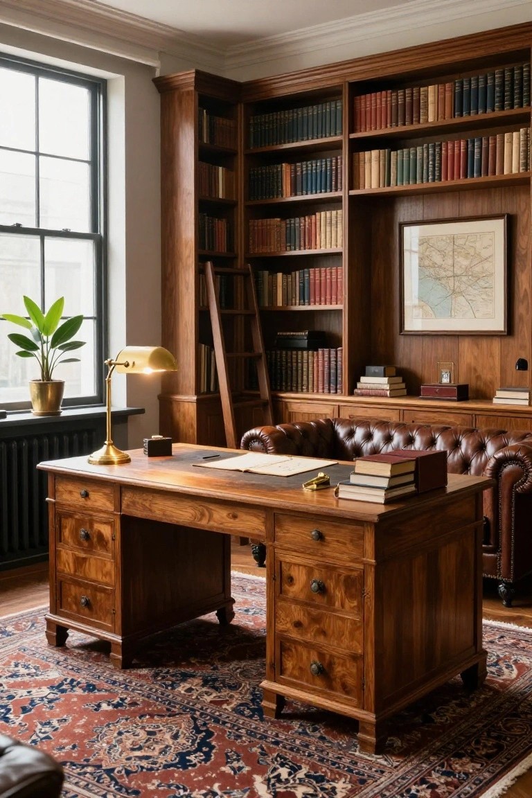 A traditional home office with a large wooden desk, extensive built-in bookshelves filled with books, a brown leather sofa, and a large window on the left.