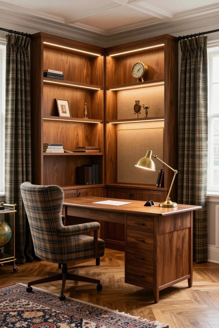 A wooden desk with built-in bookshelves, integrated lighting, and a plaid upholstered office chair in a home office.