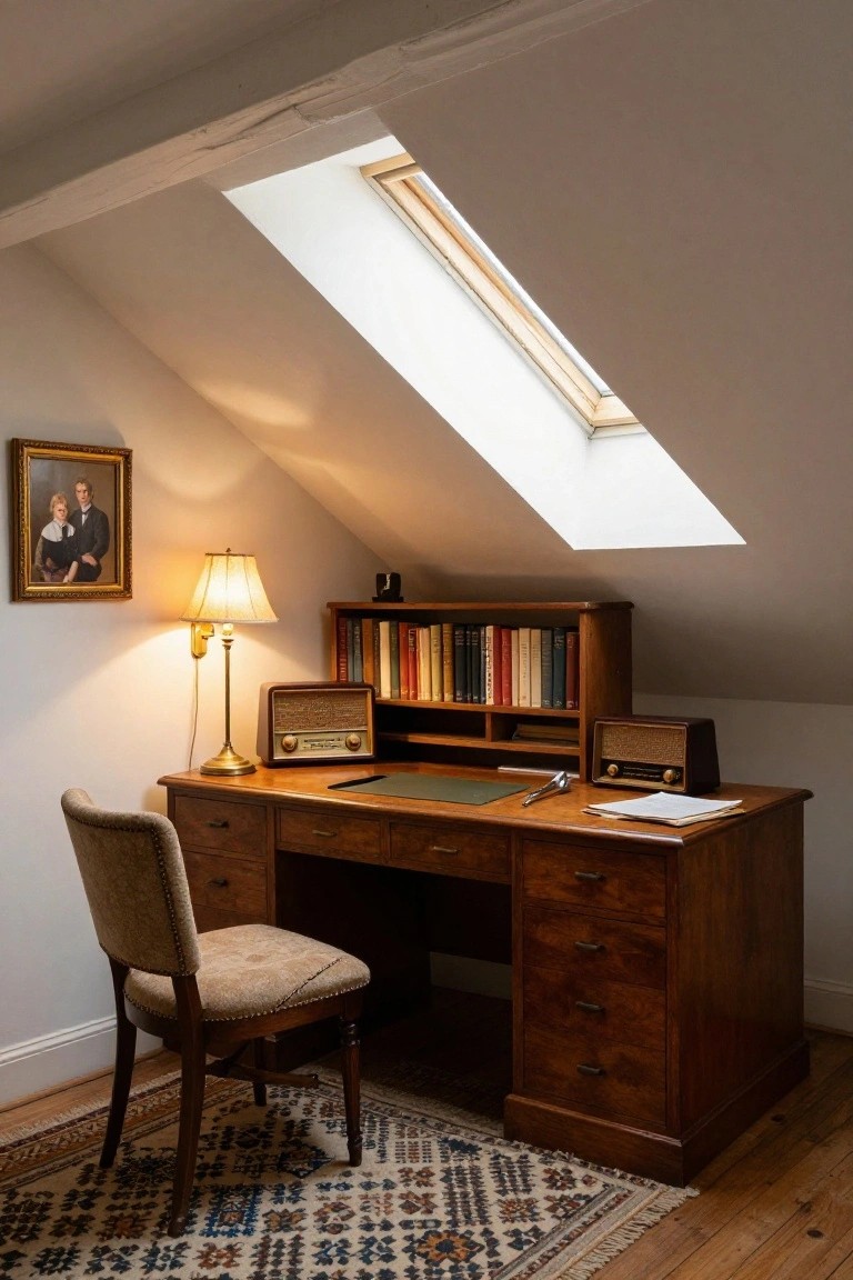 A wooden desk with built-in bookshelves above it, placed under a skylight in an attic-style room with a chair, lamp, and vintage radios.