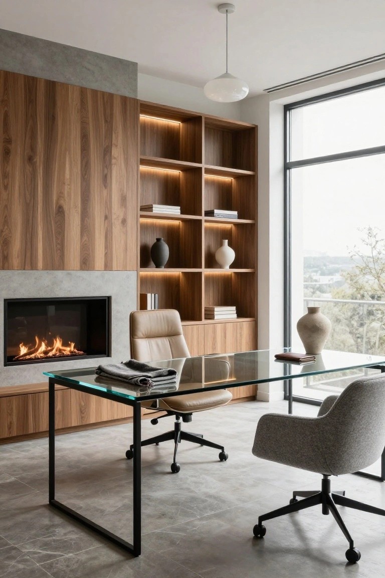A modern home office with a glass desk, two office chairs, built-in wooden shelving with backlighting, a fireplace on the left wall, and a large window on the right.