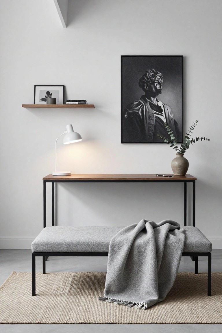 A wooden console table with black metal legs sits against a white wall above a gray upholstered bench, with a white lamp on the left and a vase with greenery on the right.