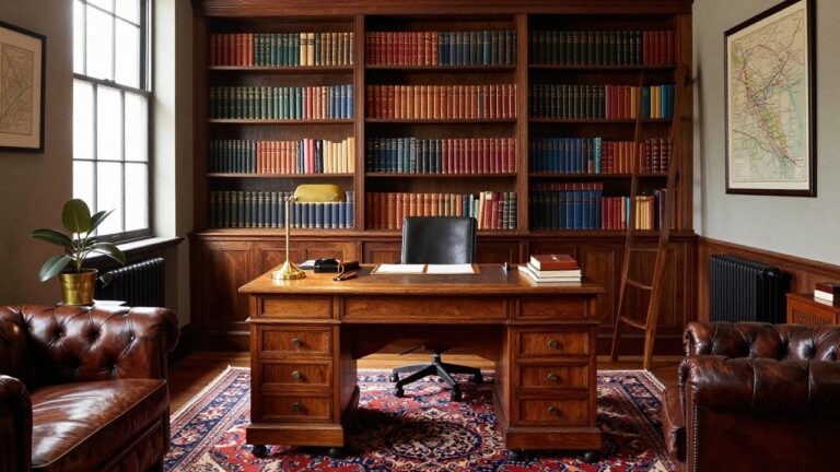 19 Elegant Gentleman Office Designs That Elevate Your Daily Work A traditional home office with a large wooden desk, extensive built-in bookshelves filled with books, a brown leather sofa, and a large window on the left.